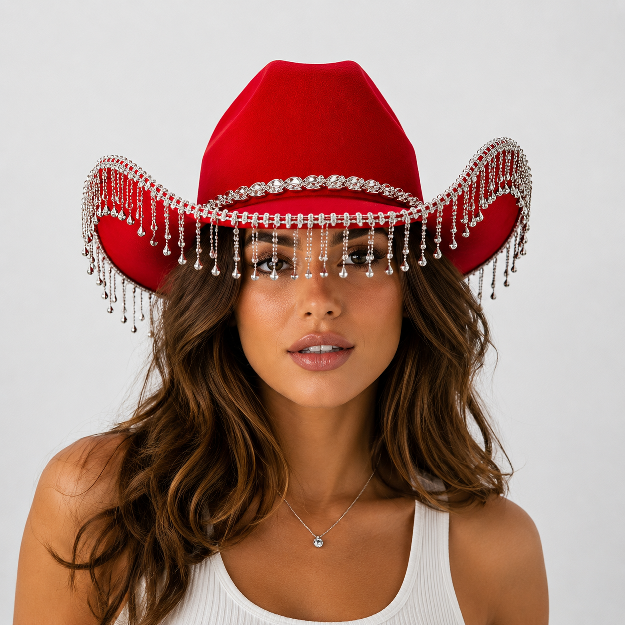 Western Cowboy Hat with Rhinestone Tassel Fringe - Red Felt-Style Party Hat view 3