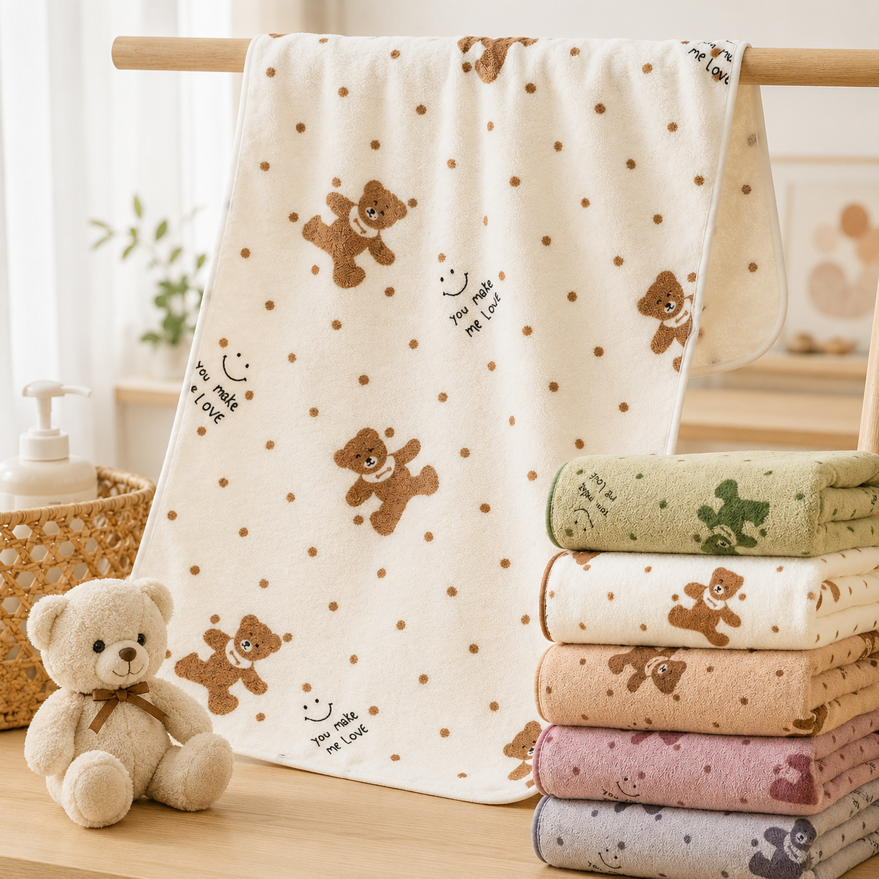 Green 5-Piece Soft Absorbent Towel Set - Bear Print Face and Bath Towels with view 3