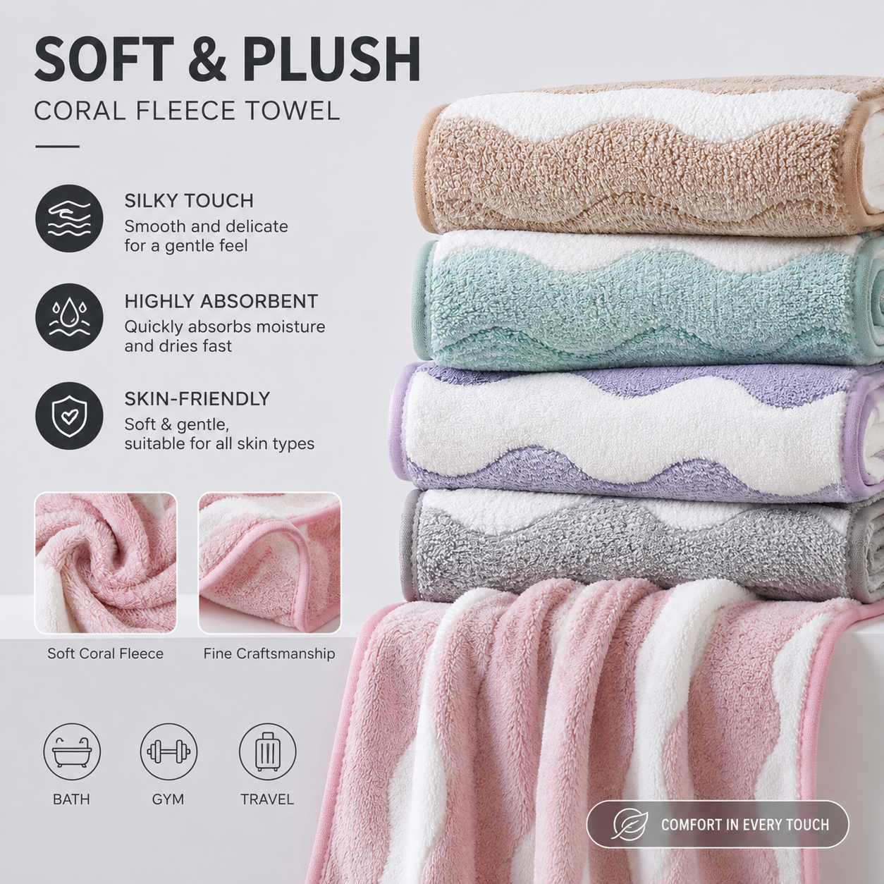 5 Mixed Colors Wave Pattern Towels - Thick Soft Absorbent Face Towels with view 3
