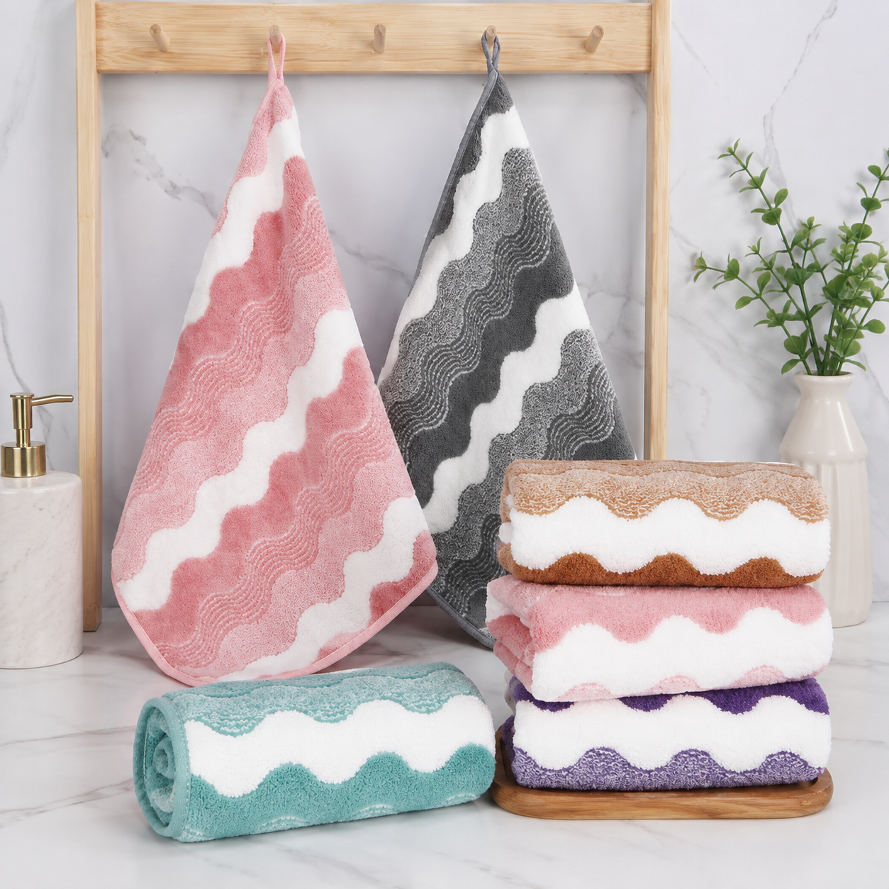 5 Mixed Colors Wave Pattern Towels - Thick Soft Absorbent Face Towels with view 4