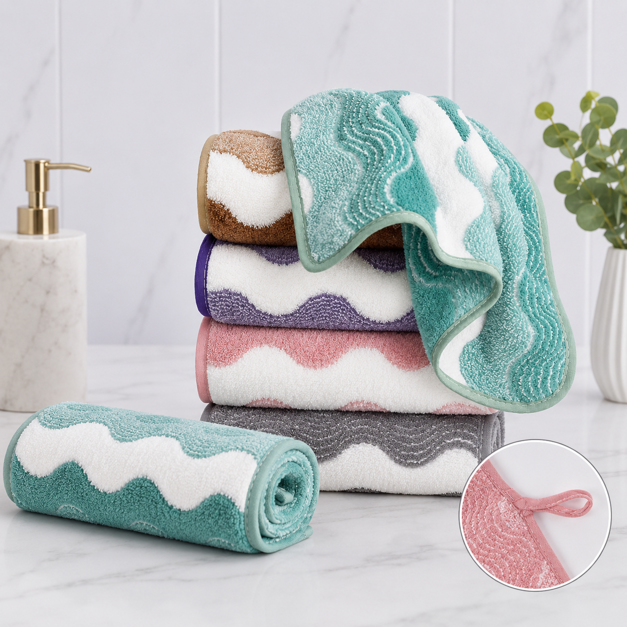 5 Mixed Colors Wave Pattern Towels - Thick Soft Absorbent Face Towels with view 6
