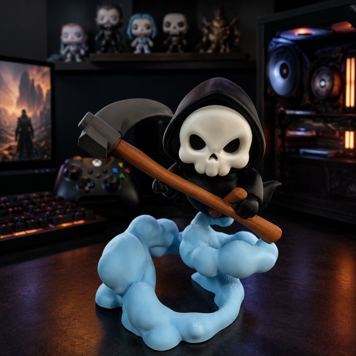 Cute Grim Reaper Figurine - 3D Printed Skeleton Display Model with Scythe and view 3