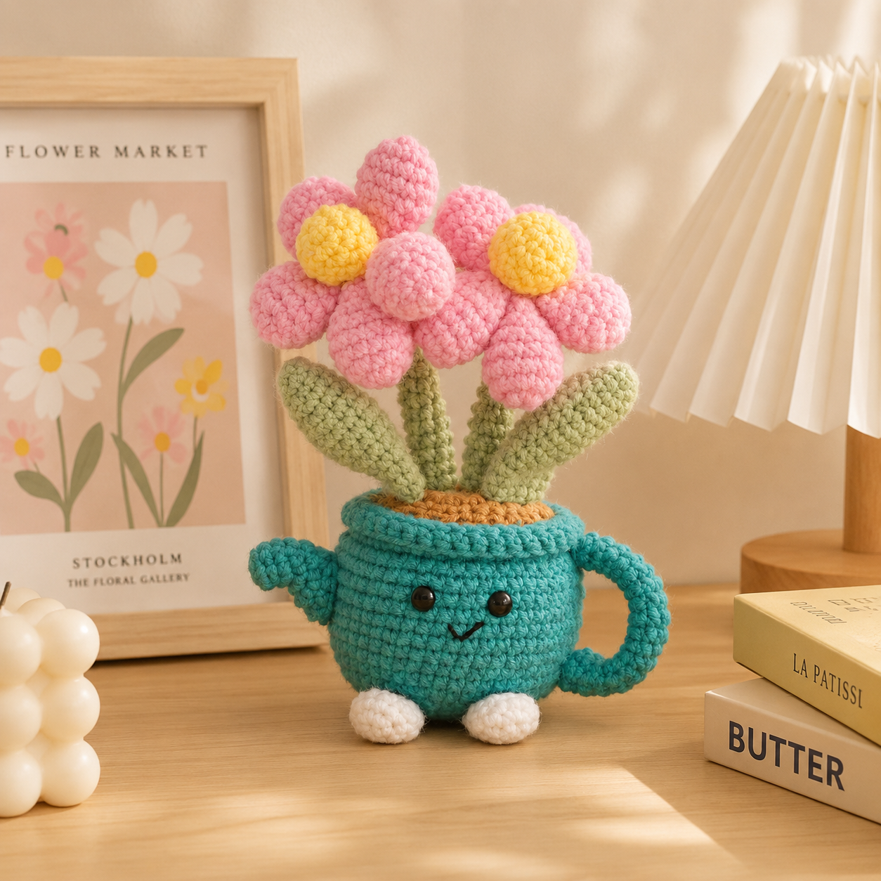 Handmade Crochet Flower Pot - Green Watering Can Planter with Cute Flowers and view 2