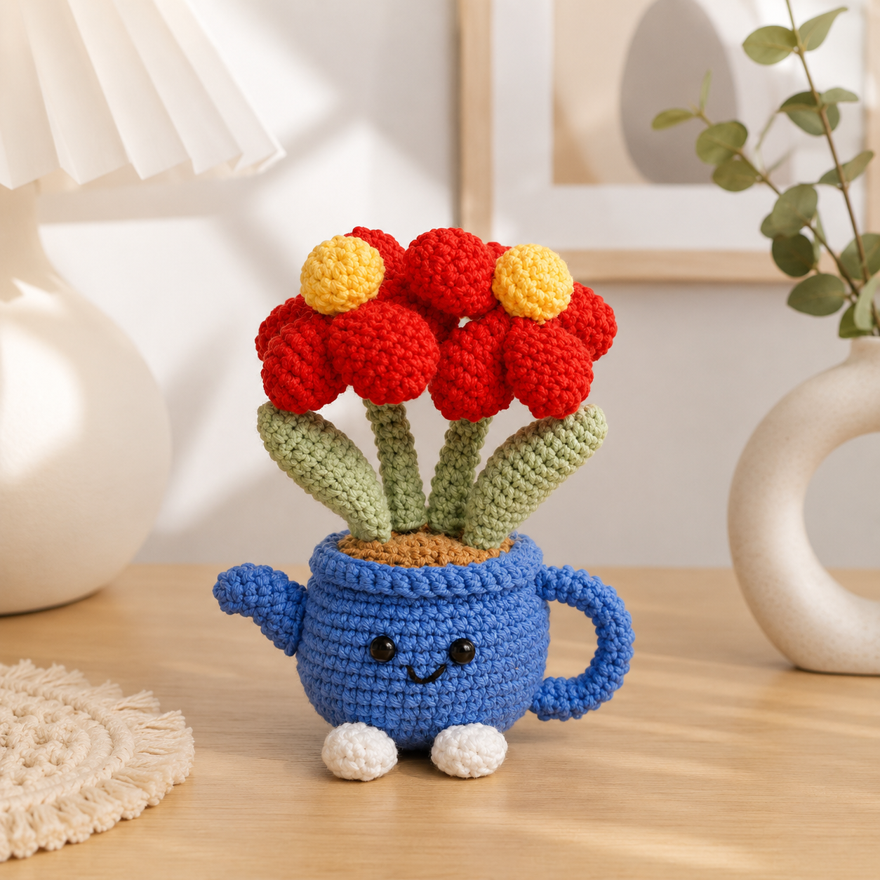 Handmade Crochet Flower Pot - Blue Watering Can Planter with Cute Flowers and view 3