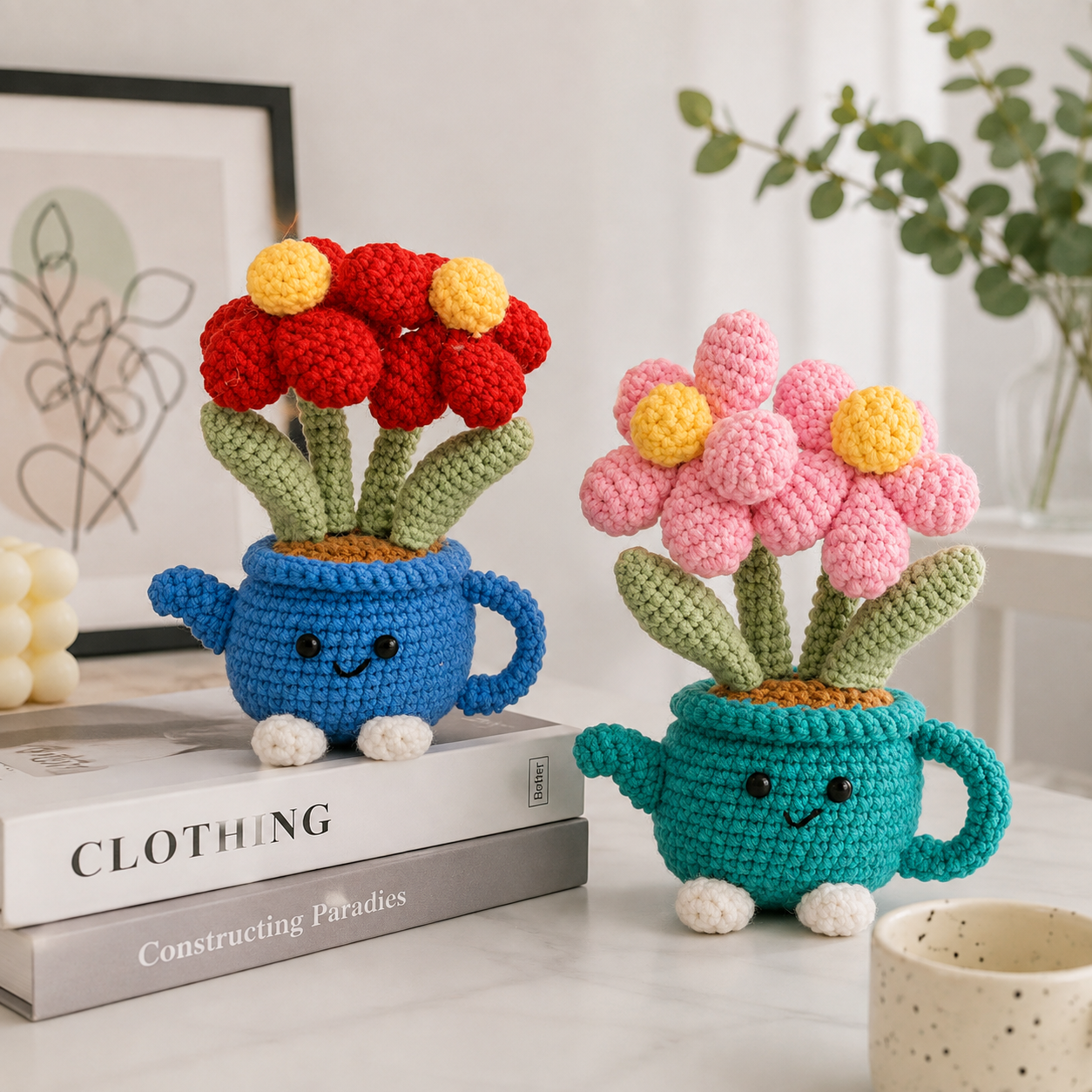 Handmade Crochet Flower Pot - Red Watering Can Planter with Cute Flowers and view 4