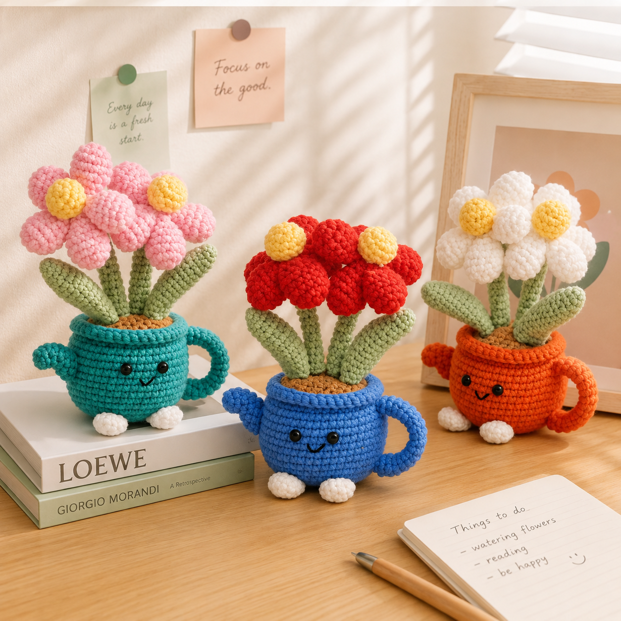 Handmade Crochet Flower Pot - Red Watering Can Planter with Cute Flowers and view 5