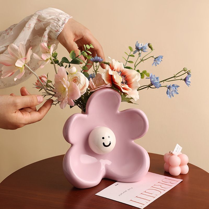 Cute Smiley Flower Ceramic Vase (Purple)- Glossy Floral Shaped Decorative Vase view 2