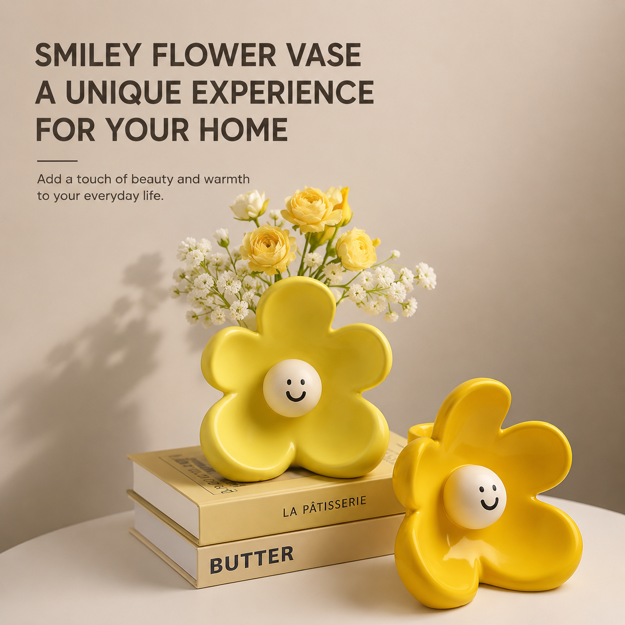 Cute Smiley Flower Ceramic Vase (Purple)- Glossy Floral Shaped Decorative Vase view 3