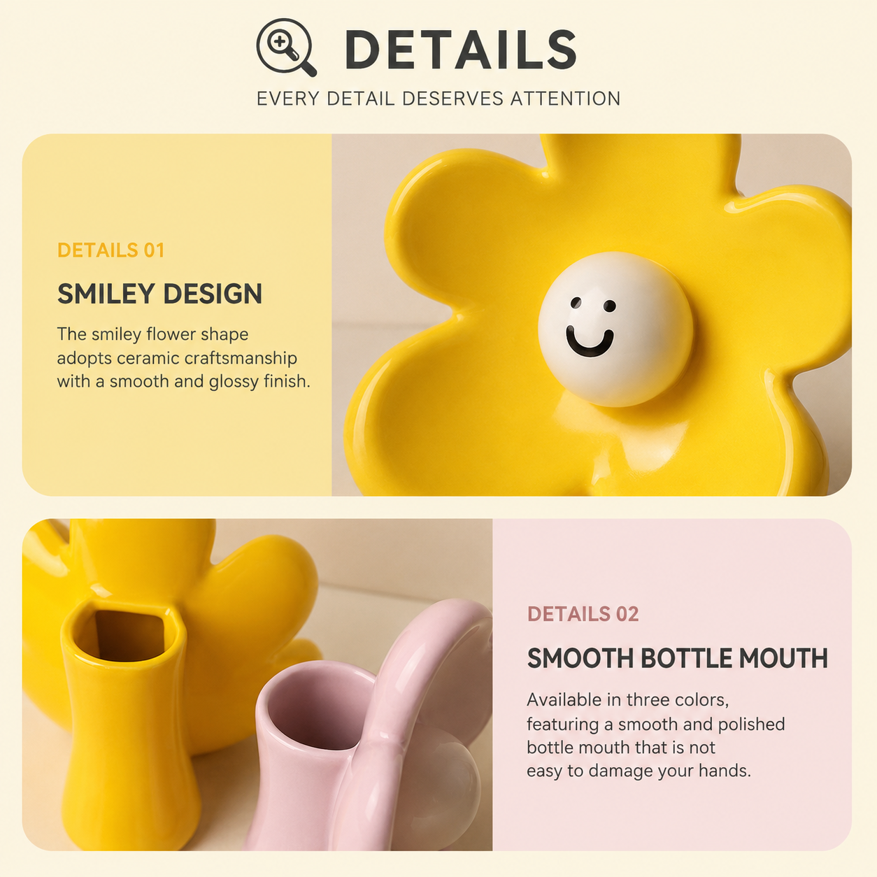 Cute Smiley Flower Ceramic Vase (Purple)- Glossy Floral Shaped Decorative Vase view 4