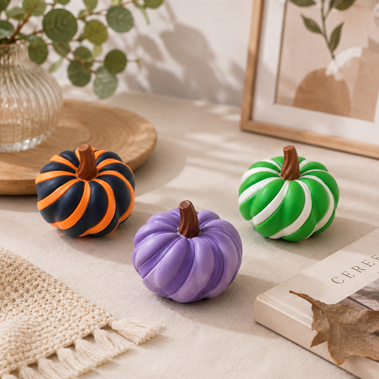 3D Printed Spiral Pumpkin Decoration - Blue and Orange Twisted Rib Design view 5