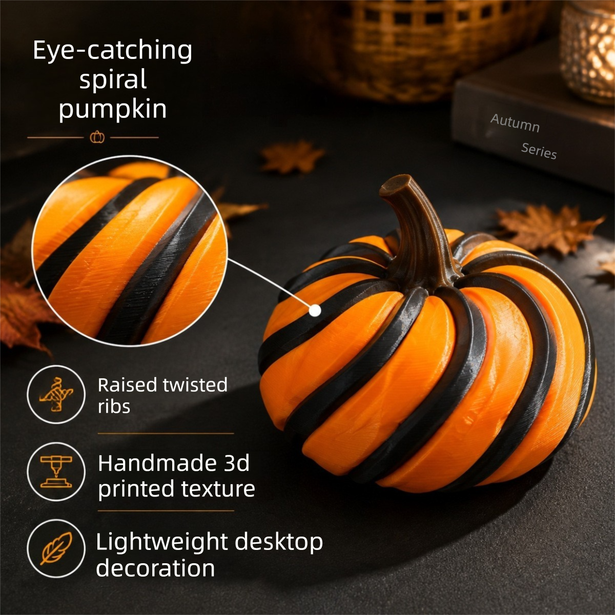 3D Printed Spiral Pumpkin Decoration - Pink and Gold Twisted Rib Design view 2