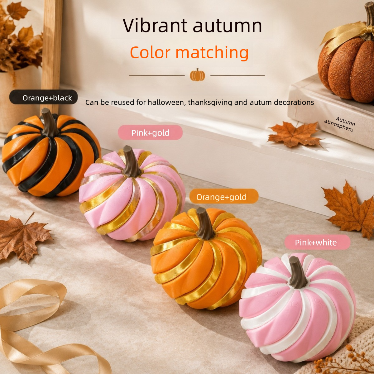2 Pack 3D Printed Spiral Pumpkin Decoration - Blue and Orange Twisted Rib Design view 3