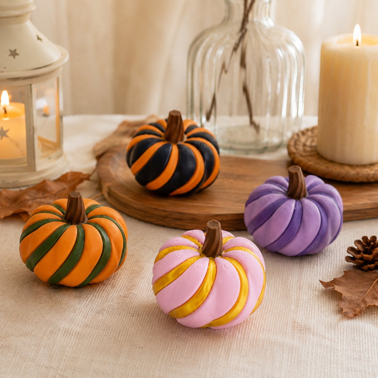 2 Pack 3D Printed Spiral Pumpkin Decoration - Pink and White Twisted Rib Design view 4