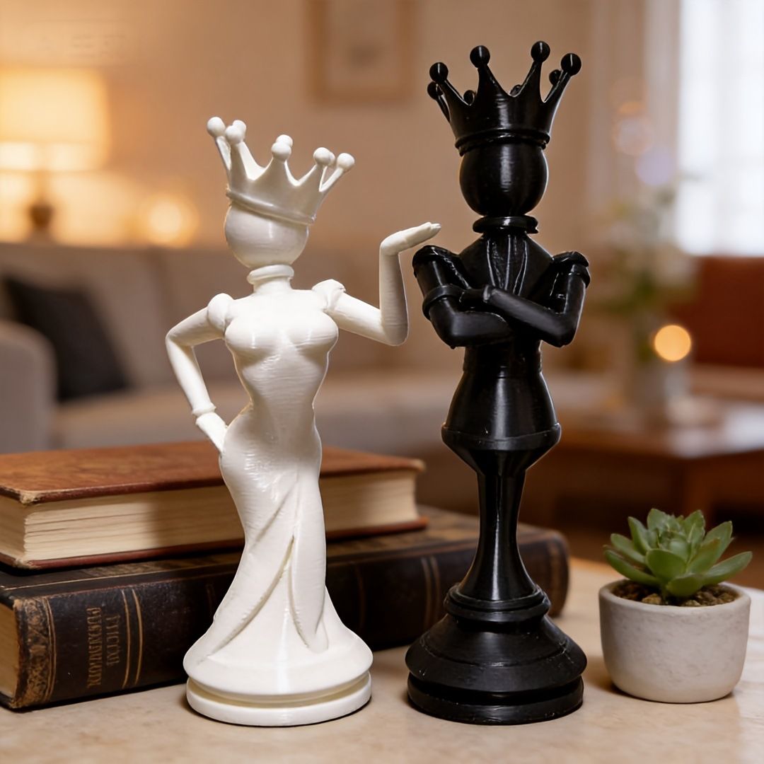 3D Printed Chess King and Queen Figurine Set - Creative Crowned Couple Sculptures view 4