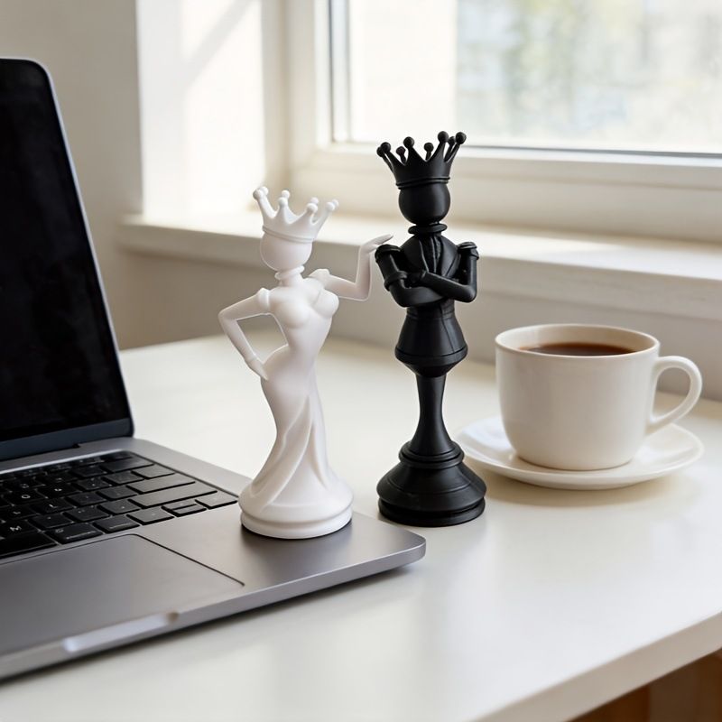 3D Printed Chess King and Queen Figurine Set - Creative Crowned Couple Sculptures view 6