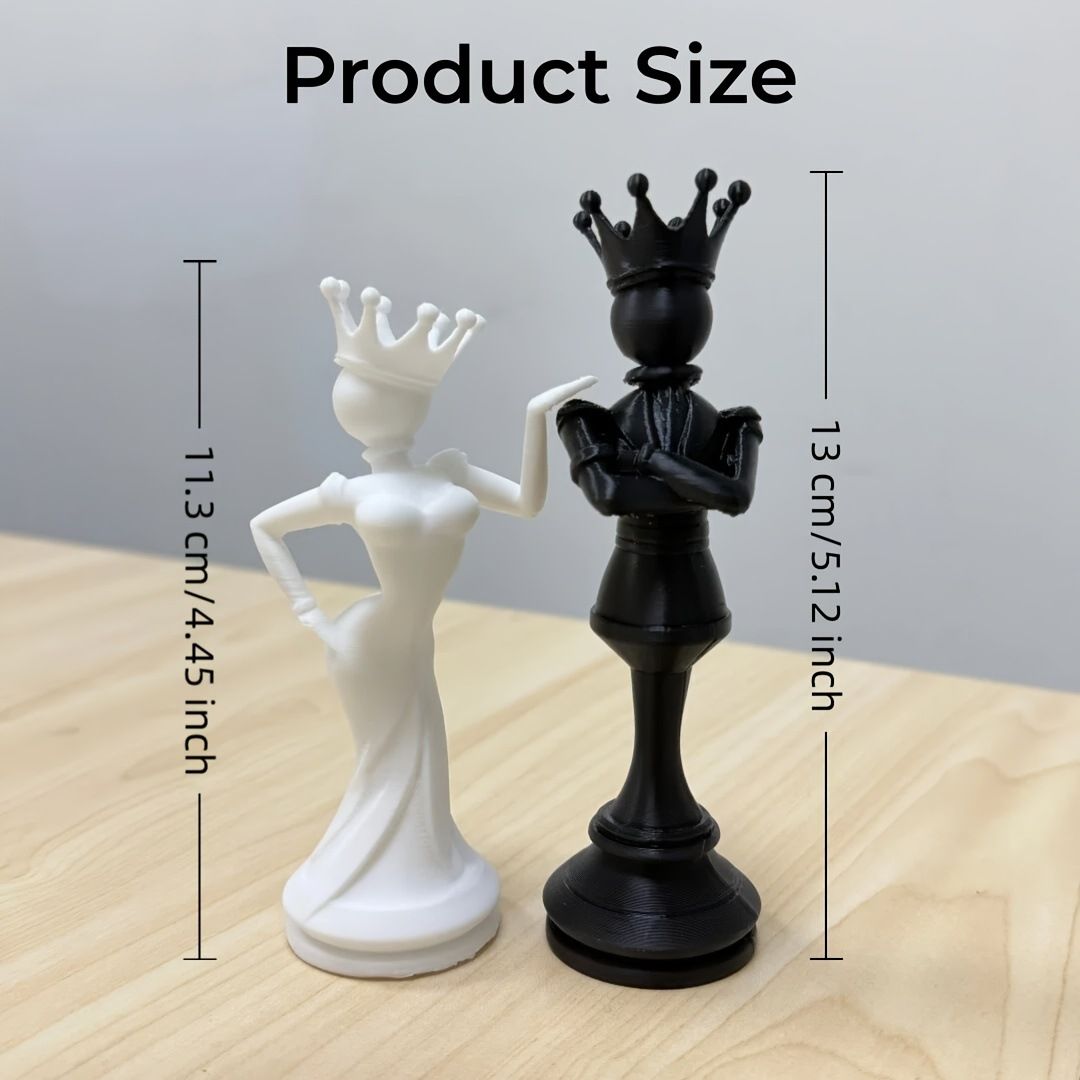 3D Printed Chess King and Queen Figurine Set - Creative Crowned Couple Sculptures view 7