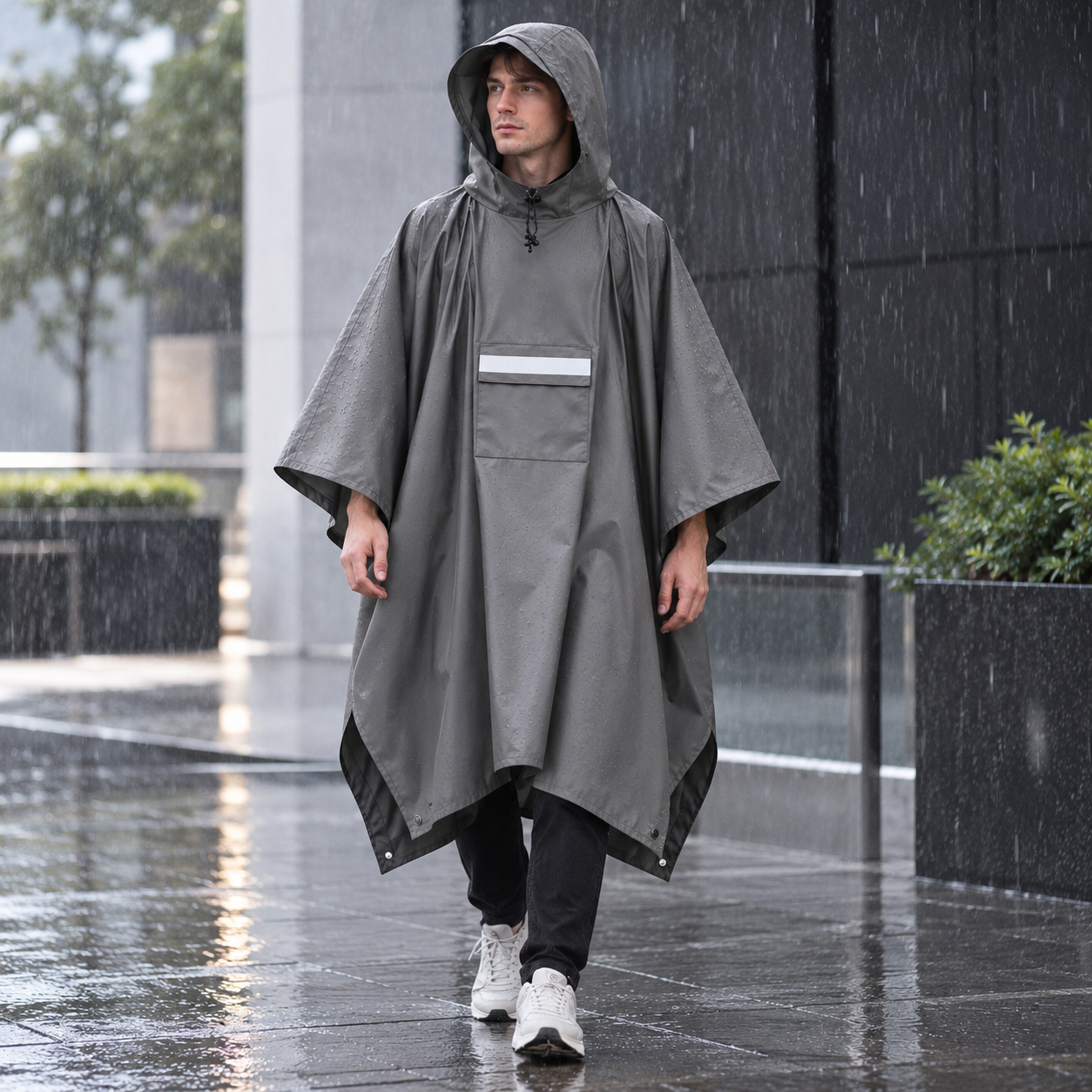 Gray Unisex Hooded Rain Poncho - Lightweight Packable Outdoor Rain Cape with view 2