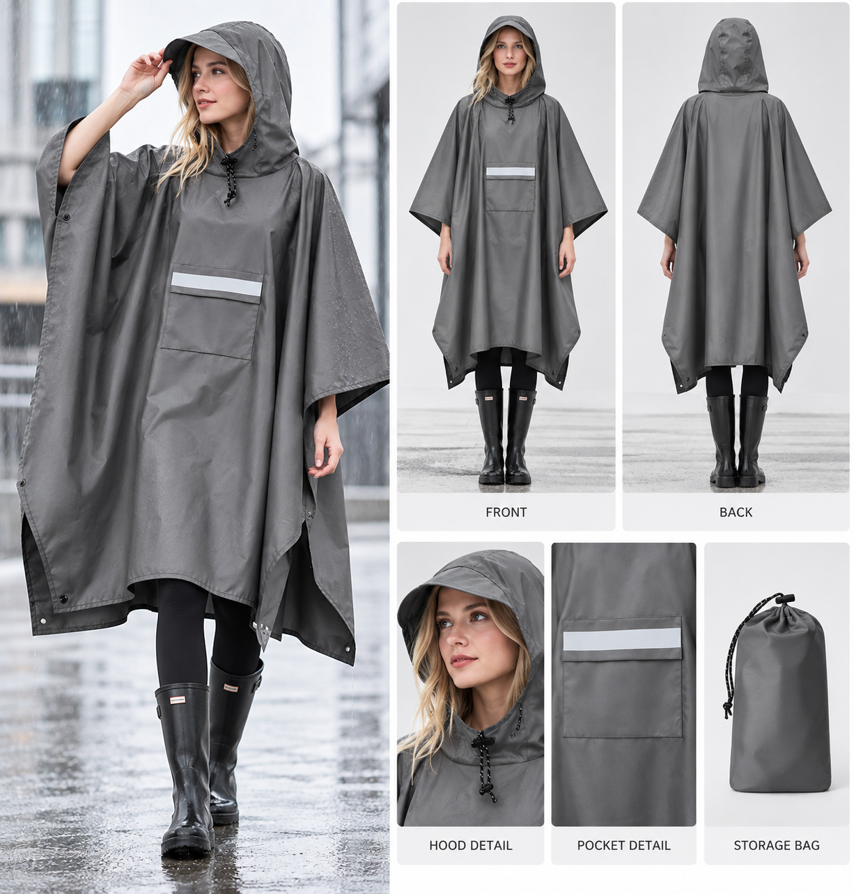 Gray Unisex Hooded Rain Poncho - Lightweight Packable Outdoor Rain Cape with view 3