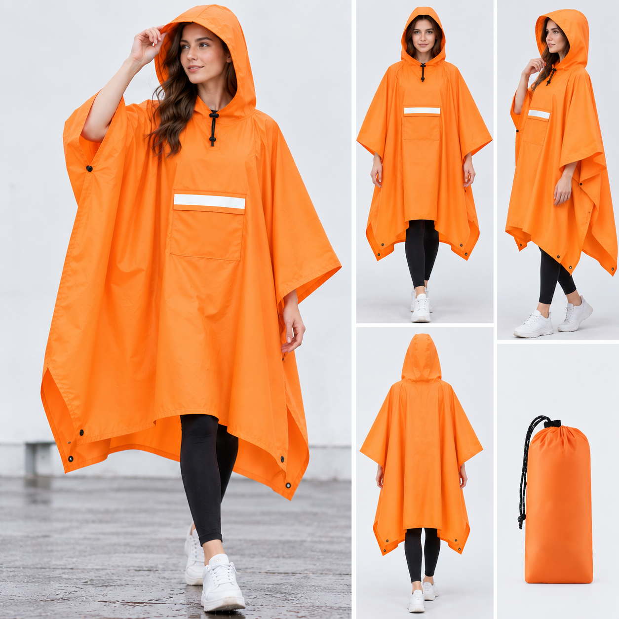 Orange Unisex Hooded Rain Poncho - Lightweight Packable Outdoor Rain Cape with view 2