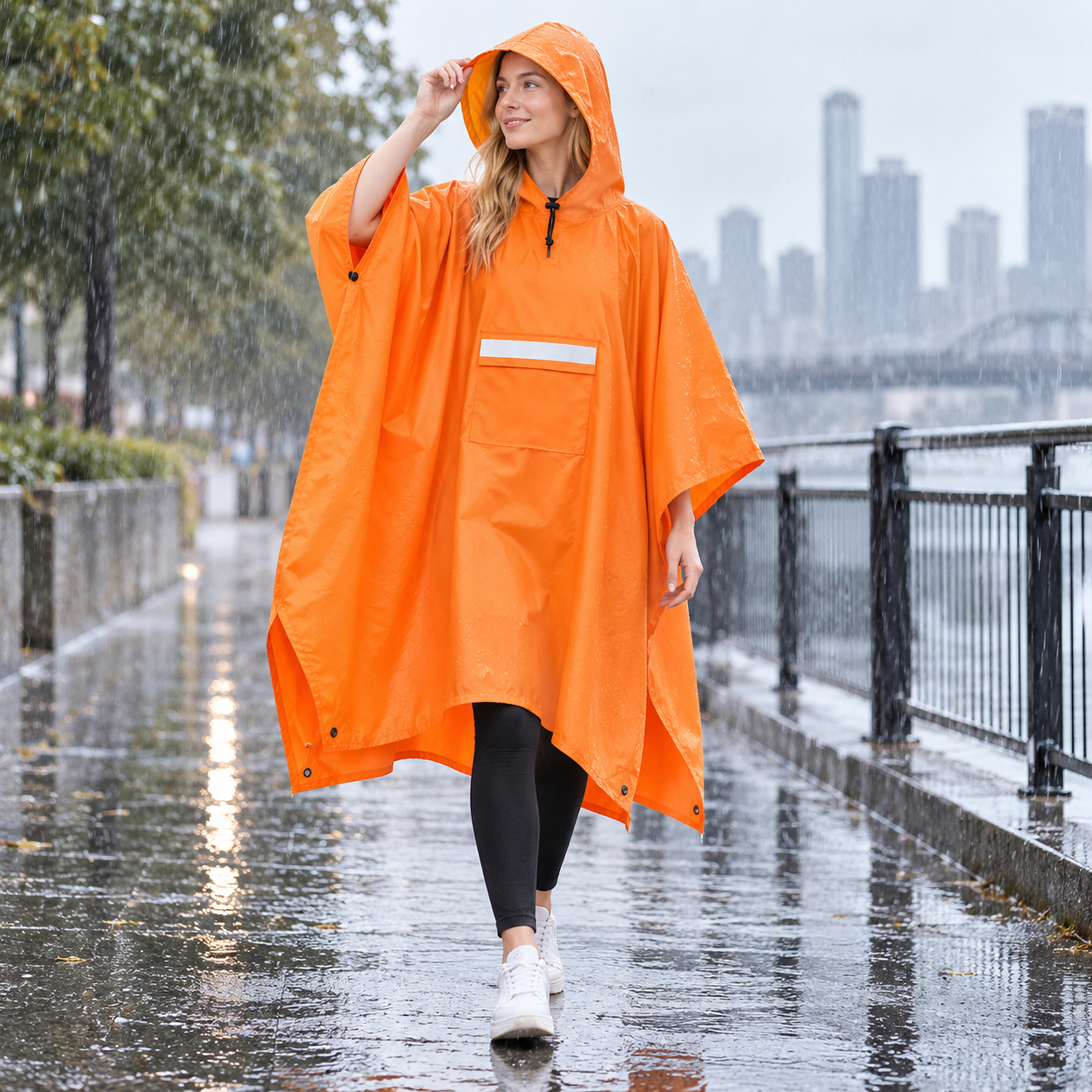 Orange Unisex Hooded Rain Poncho - Lightweight Packable Outdoor Rain Cape with view 3