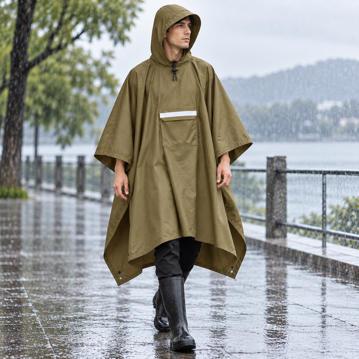 Brown Unisex Hooded Rain Poncho - Lightweight Packable Outdoor Rain Cape with view 2
