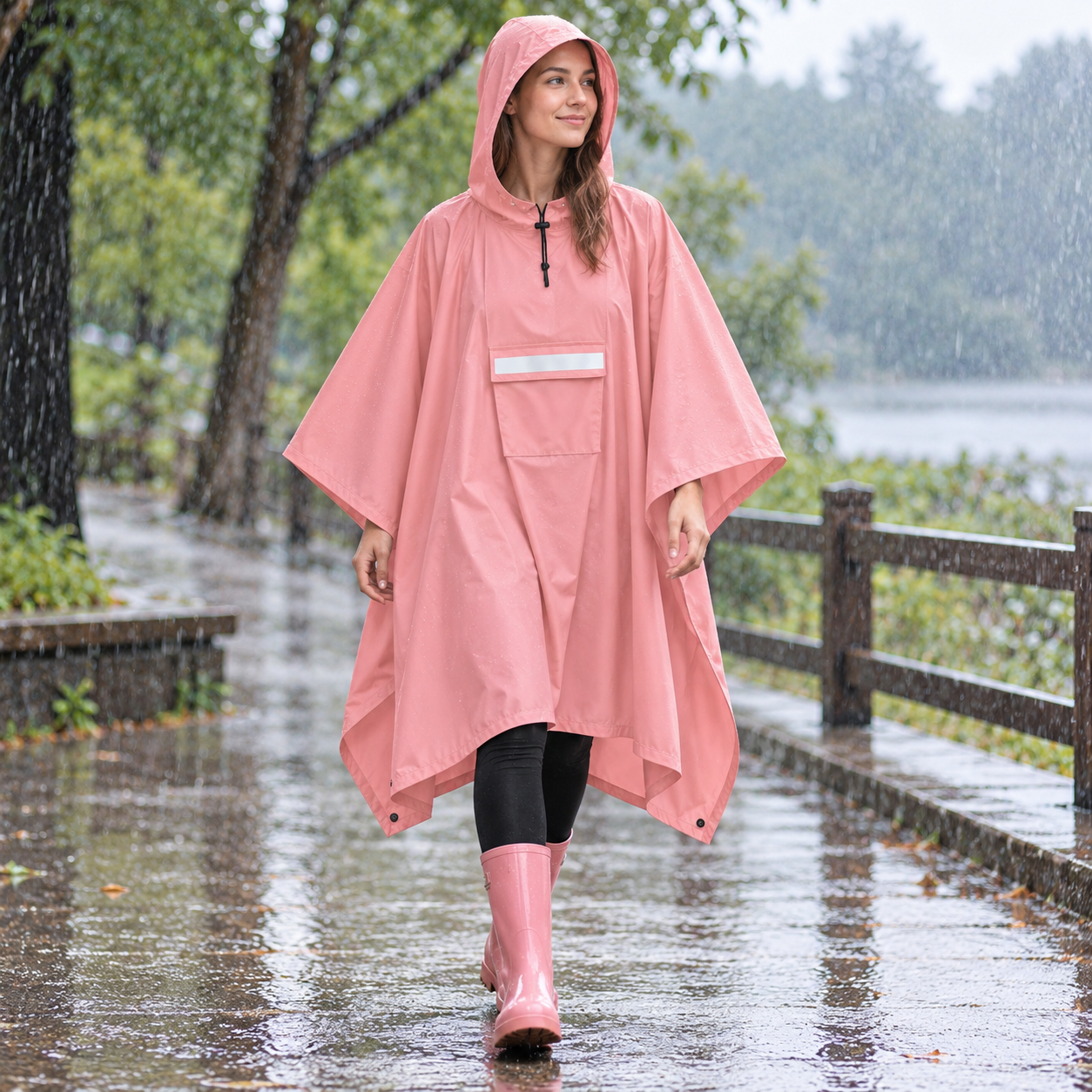 Pink Unisex Hooded Rain Poncho - Lightweight Packable Outdoor Rain Cape with view 2