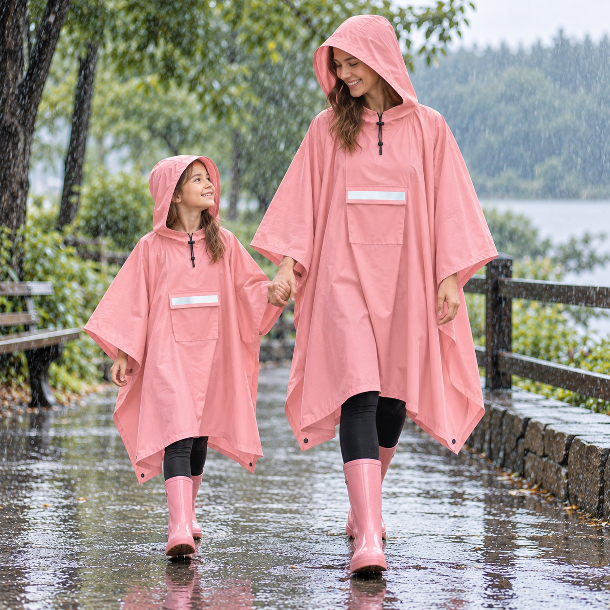 Pink Unisex Hooded Rain Poncho - Lightweight Packable Outdoor Rain Cape with view 3