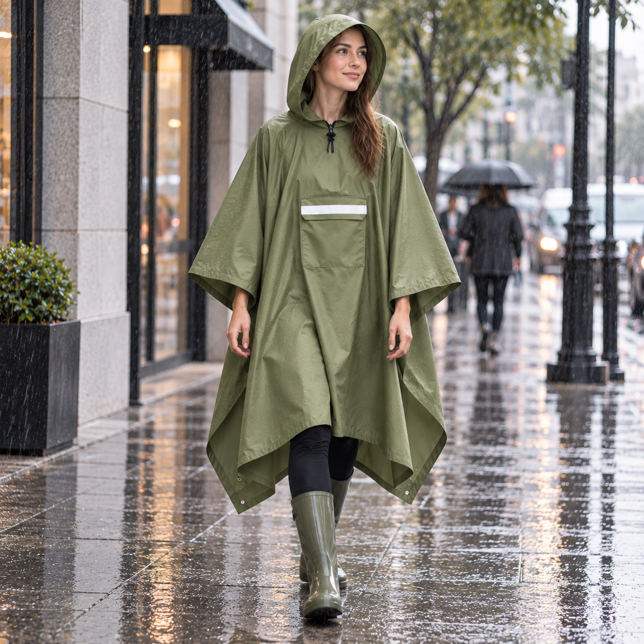 Green Unisex Hooded Rain Poncho - Lightweight Packable Outdoor Rain Cape with view 2