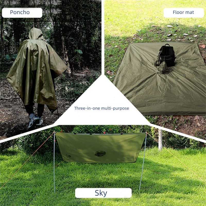 Black 3-in-1 Hooded Rain Poncho - 140 x 210 cm Lightweight Polyester Outdoor view 3