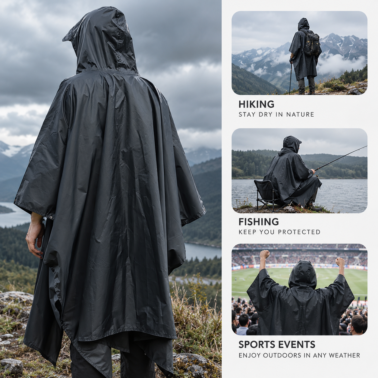 Blue 3-in-1 Hooded Rain Poncho - 140 x 210 cm Lightweight Polyester Outdoor view 4