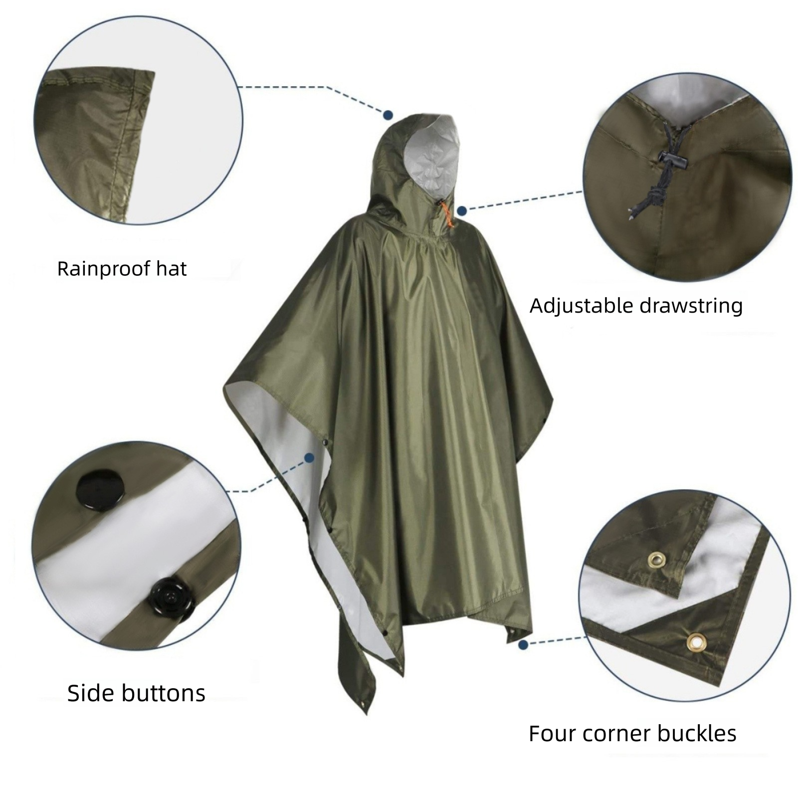Green 3-in-1 Hooded Rain Poncho - 140 x 210 cm Lightweight Polyester Outdoor view 2