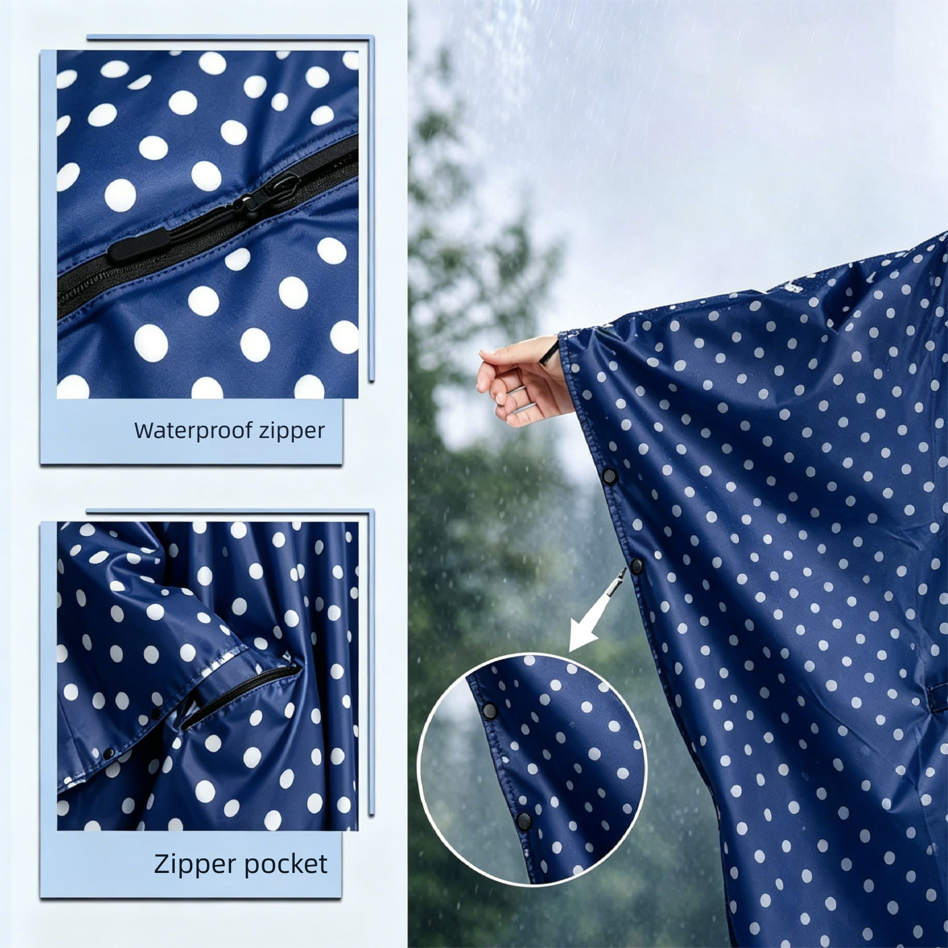 Blue Polka Dots Hooded Rain Poncho with Full Front Zip - Lightweight Packable view 4