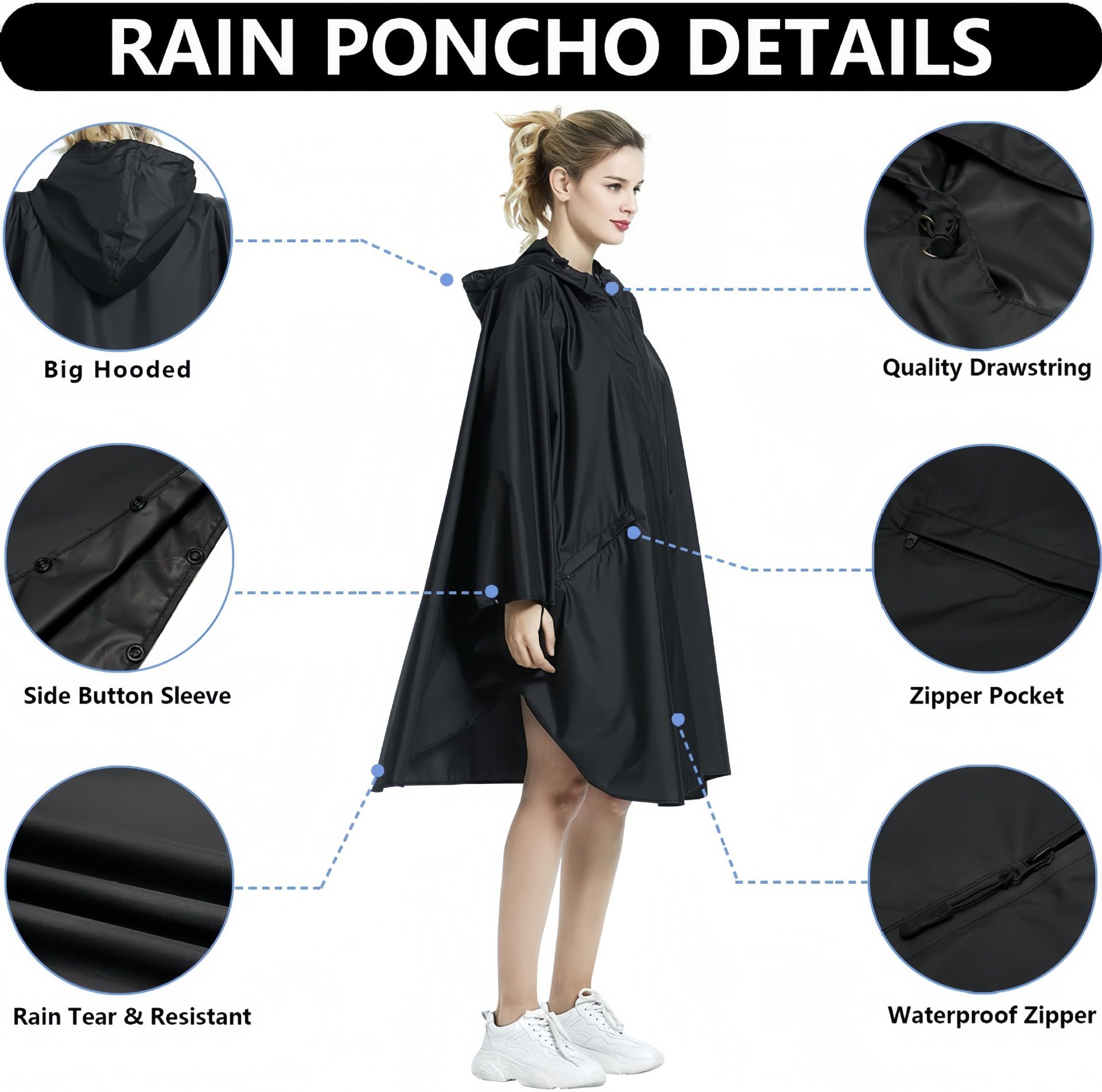 Green Hooded Rain Poncho with Full Front Zip - Lightweight Packable Rain Cape view 2