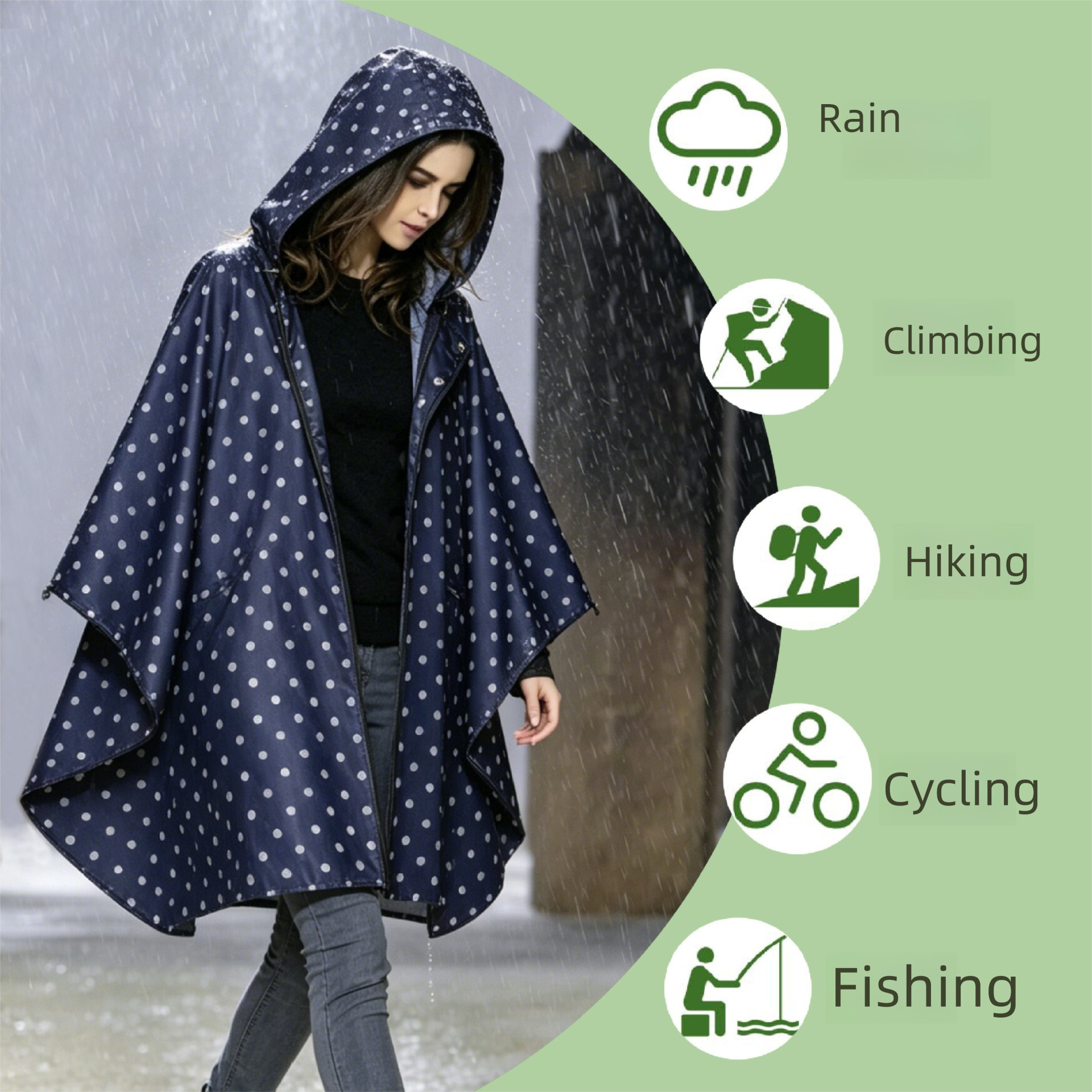 Black and White Hooded Rain Poncho with Full Front Zip - Lightweight Packable view 3