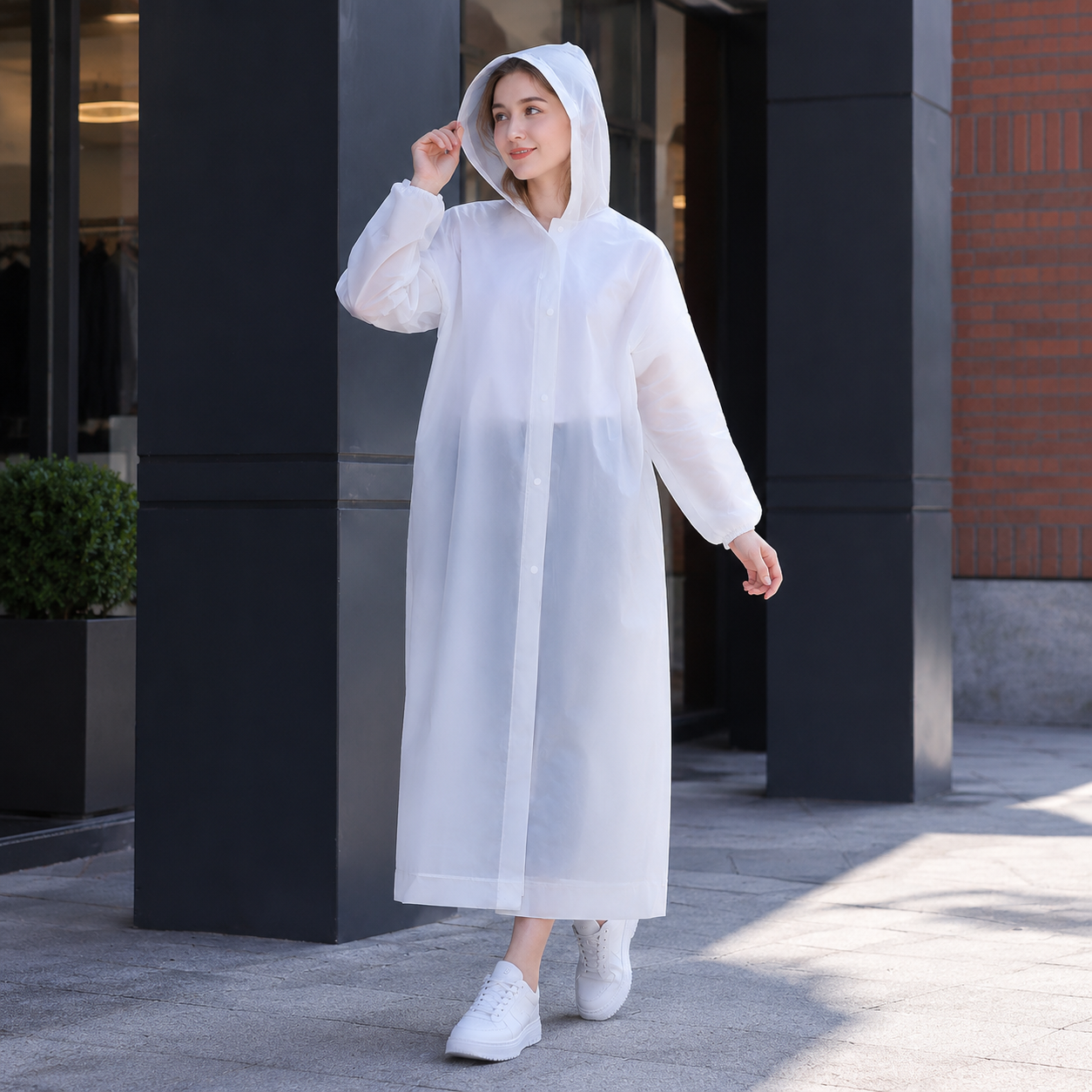 2 pcs White Reusable EVA Hooded Raincoat - 150 g Lightweight Long Rain Jacket view 3