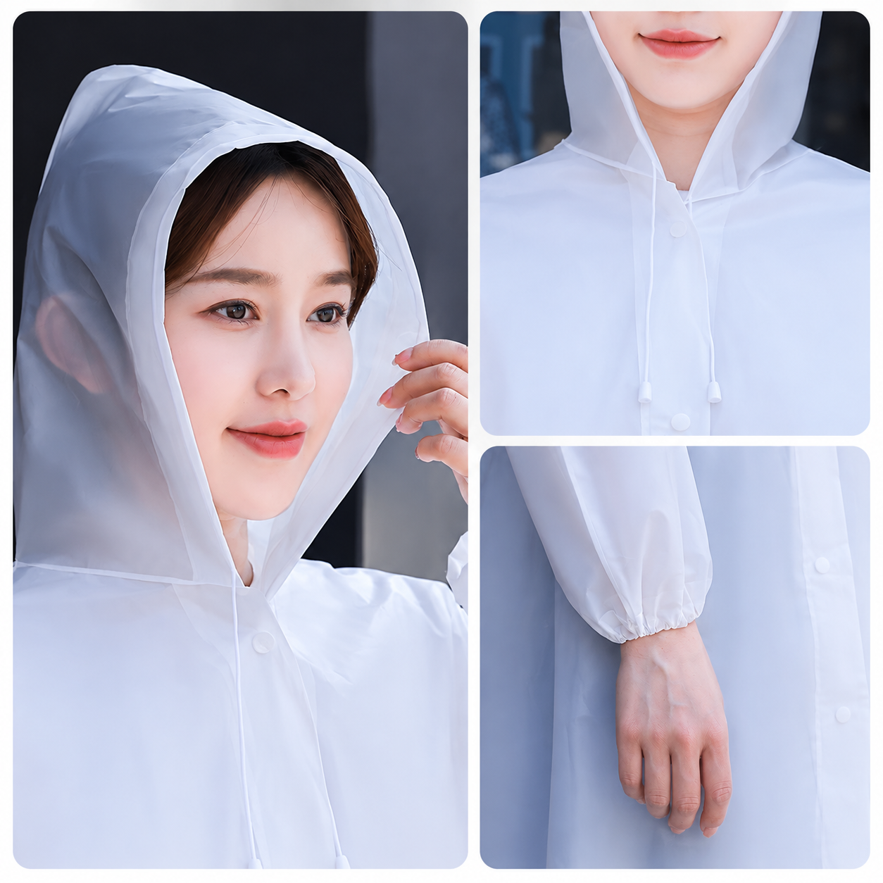 2 pcs White Reusable EVA Hooded Raincoat - 150 g Lightweight Long Rain Jacket view 5