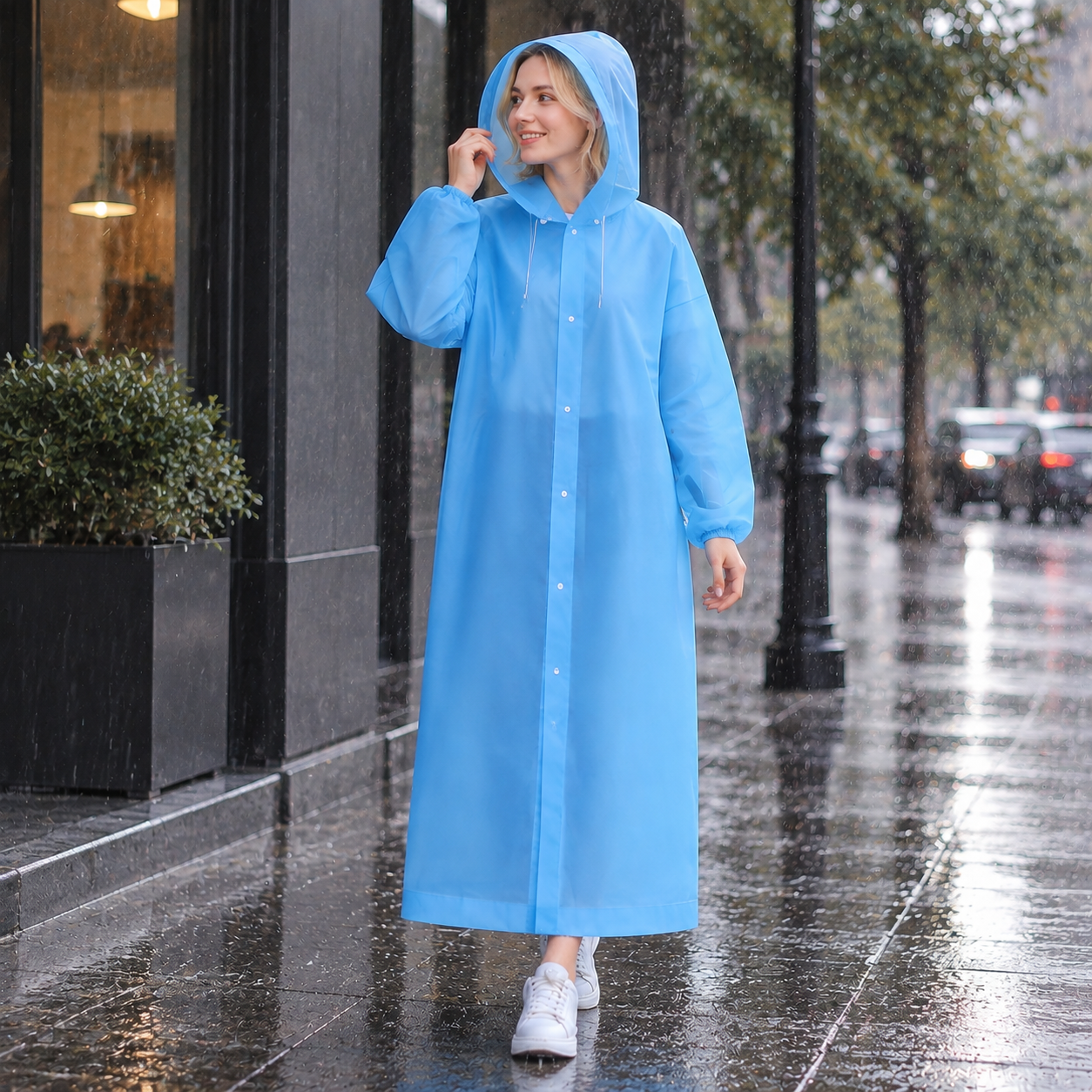 2 pcs Blue Reusable EVA Hooded Raincoat - 150 g Lightweight Long Rain Jacket view 2
