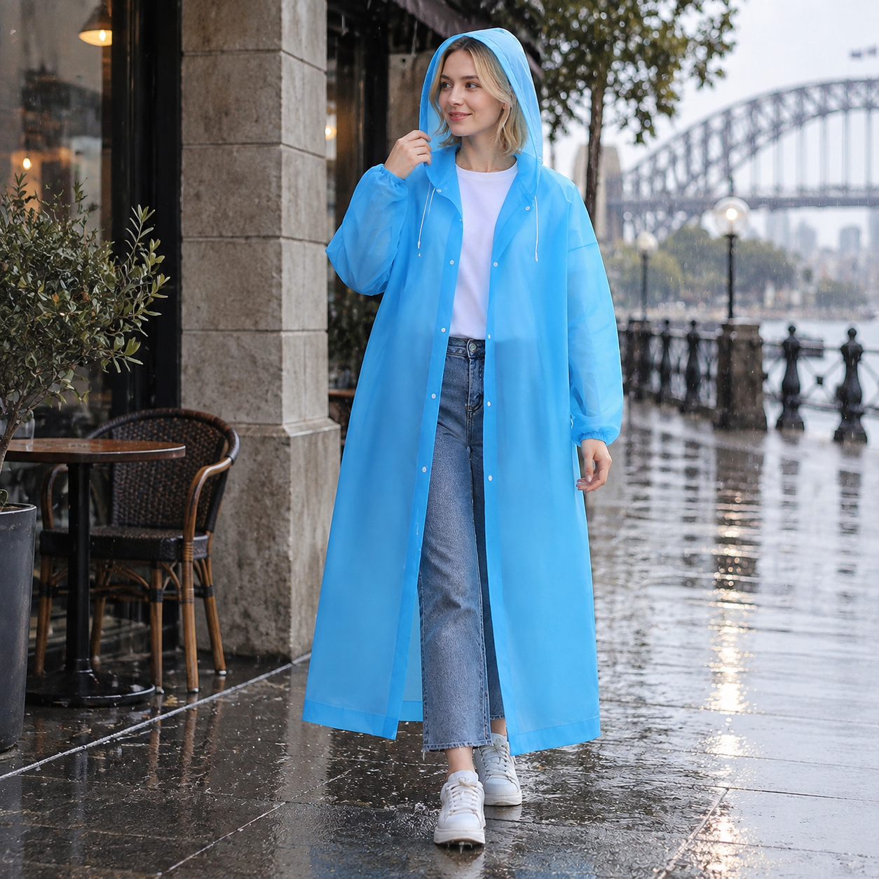 2 pcs Blue Reusable EVA Hooded Raincoat - 150 g Lightweight Long Rain Jacket view 4