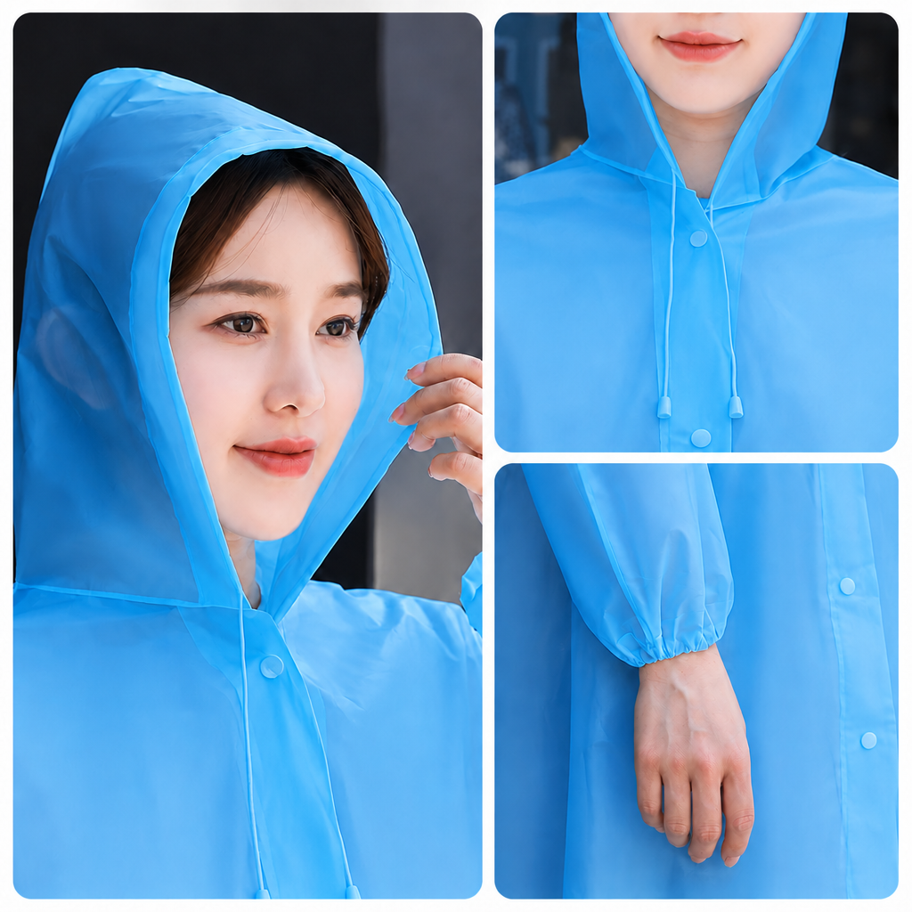 2 pcs Blue Reusable EVA Hooded Raincoat - 150 g Lightweight Long Rain Jacket view 5
