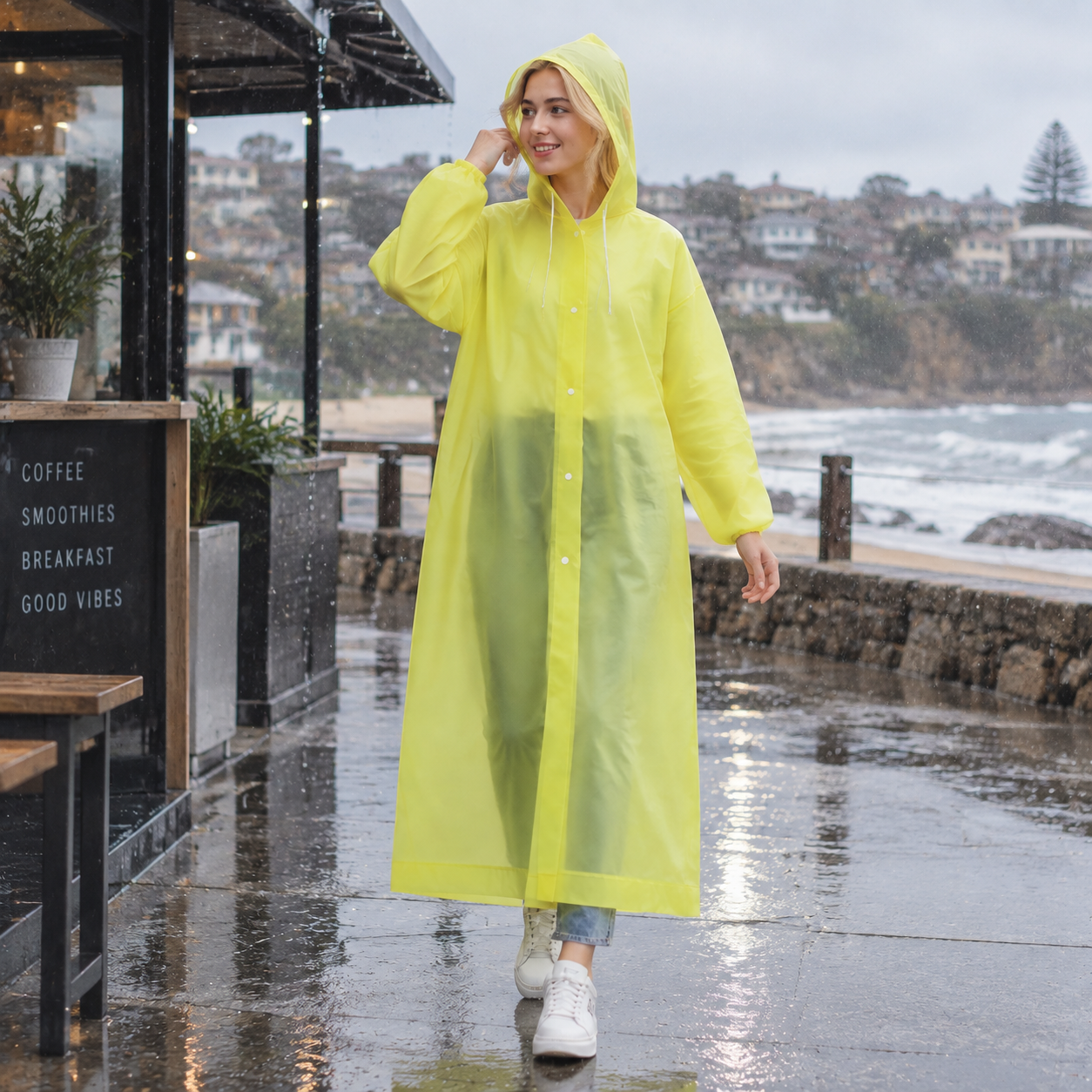 2 pcs Yellow Reusable EVA Hooded Raincoat - 150 g Lightweight Long Rain Jacket view 2