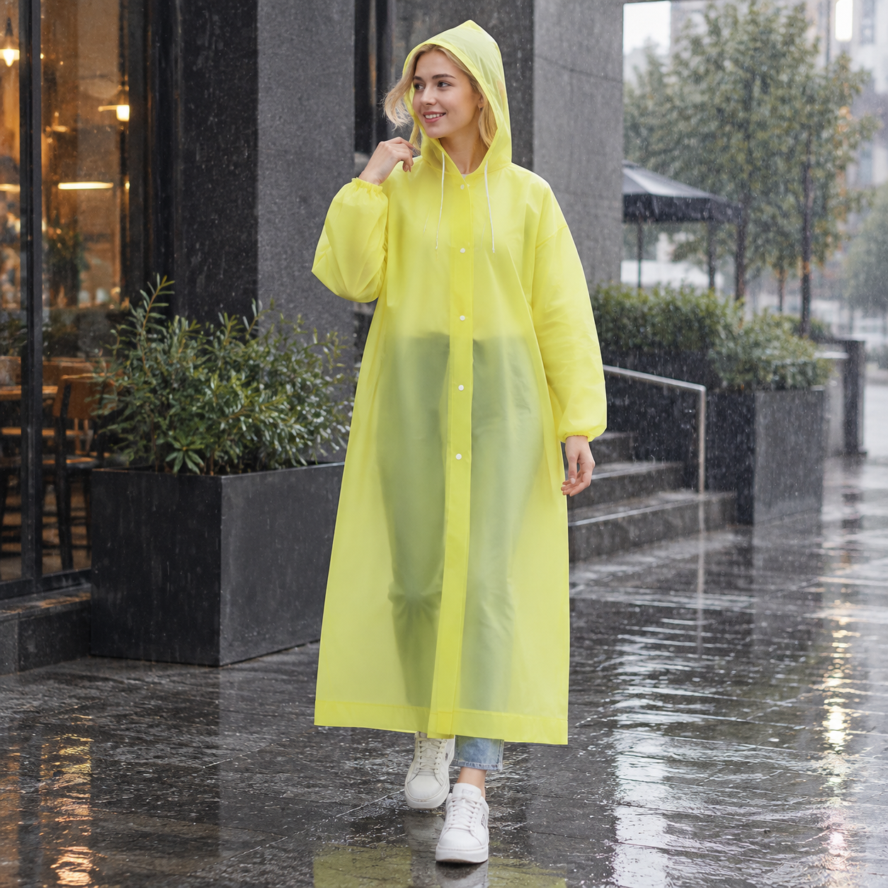 2 pcs Yellow Reusable EVA Hooded Raincoat - 150 g Lightweight Long Rain Jacket view 4