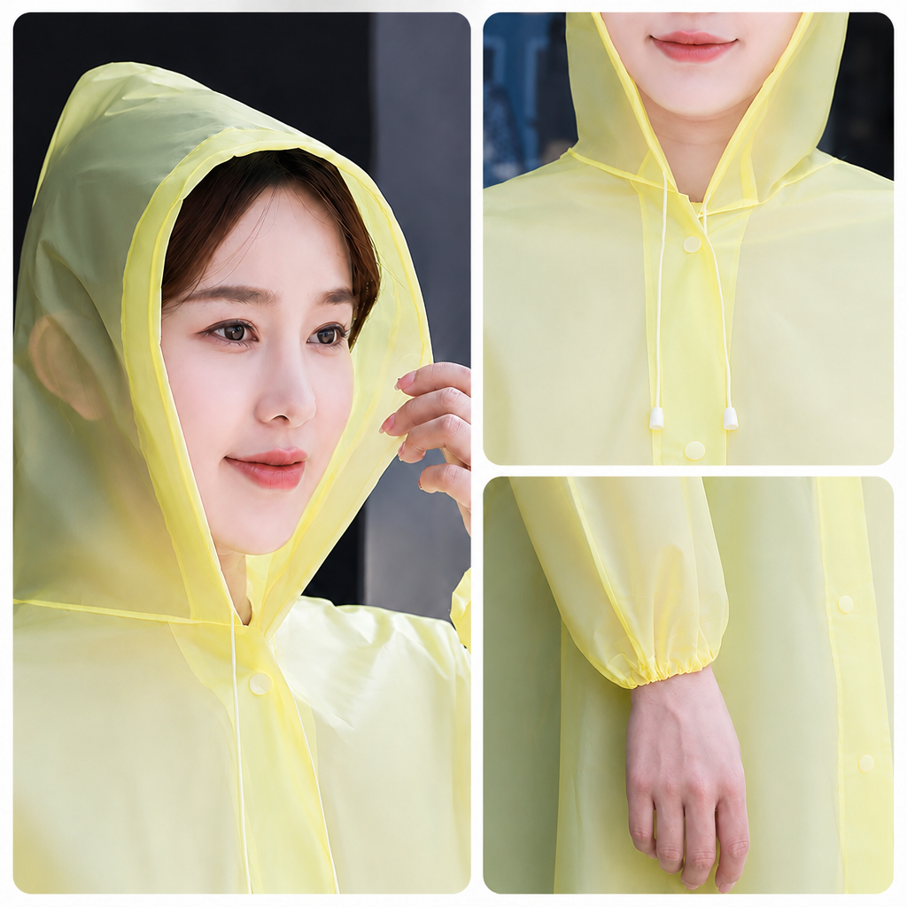 2 pcs Yellow Reusable EVA Hooded Raincoat - 150 g Lightweight Long Rain Jacket view 5