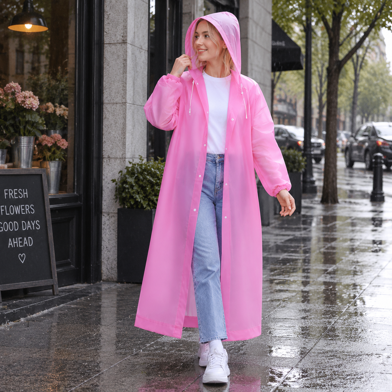 2 pcs Pink Reusable EVA Hooded Raincoat - 150 g Lightweight Long Rain Jacket view 3