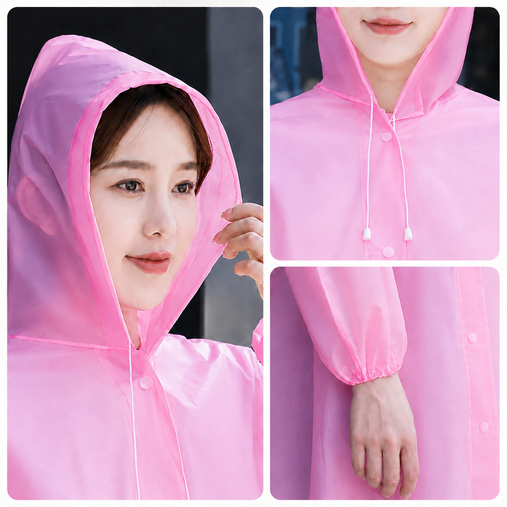 2 pcs Pink Reusable EVA Hooded Raincoat - 150 g Lightweight Long Rain Jacket view 5
