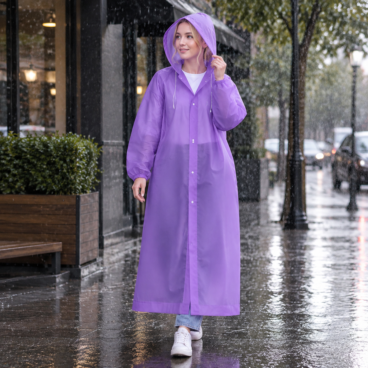 2 pcs Purple Reusable EVA Hooded Raincoat - 150 g Lightweight Long Rain Jacket view 4