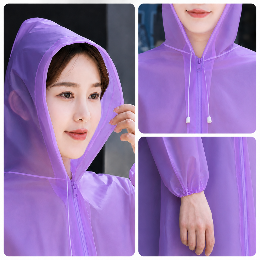2 pcs Purple Reusable EVA Hooded Raincoat - 150 g Lightweight Long Rain Jacket view 5