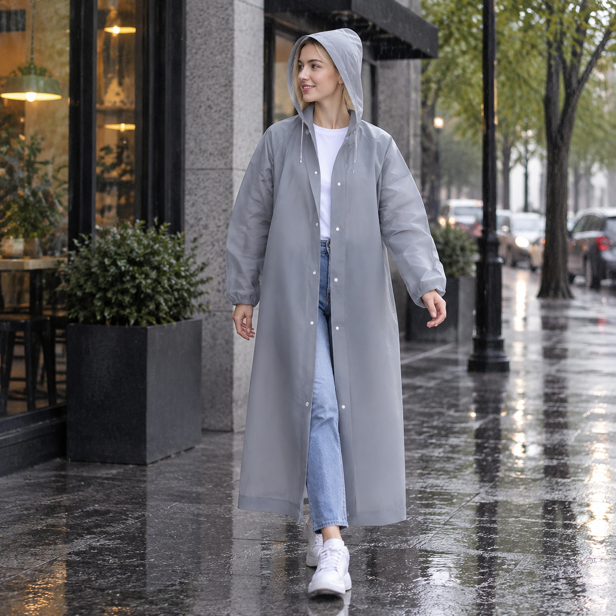 2 pcs Gray Reusable EVA Hooded Raincoat - 150 g Lightweight Long Rain Jacket view 2