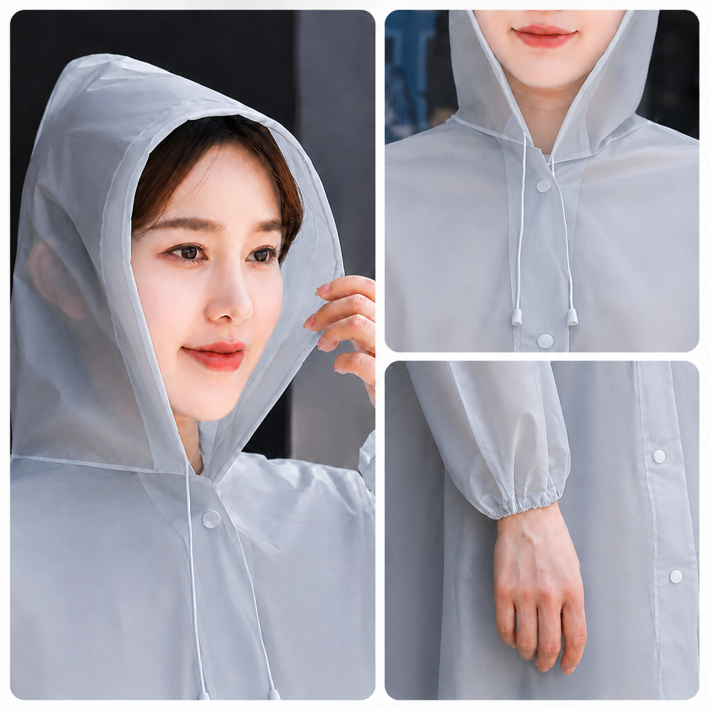 2 pcs Gray Reusable EVA Hooded Raincoat - 150 g Lightweight Long Rain Jacket view 5