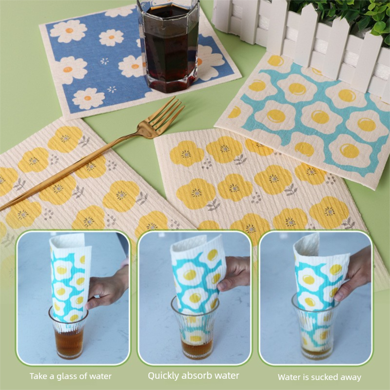 8 Pack Floral Kitchen Cleaning Cloths (Yellow Flower Pattern)- 17 x 20 cm view 4