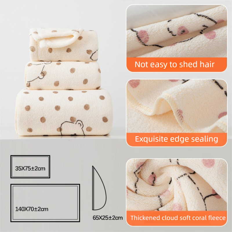 3 Piece Dog Print Coral Fleece Towel Set (Kitten pattern)- Soft Absorbent Face view 4